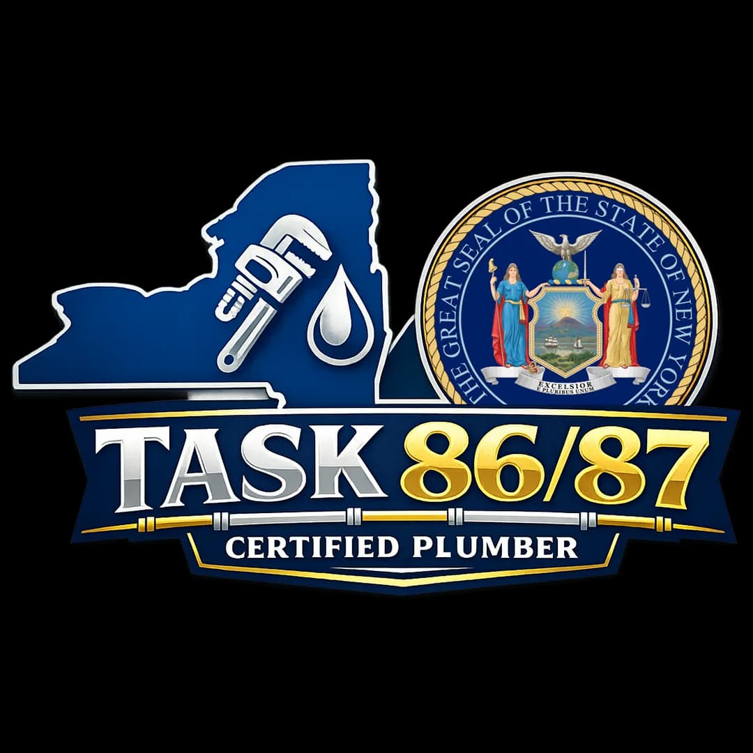 TASK 86/87 Certified Plumber badge with the New York State seal